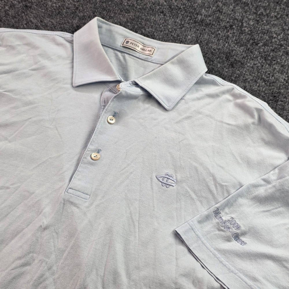 Peter Millar Polo Shirt Golf Member Guest Embroidered Blue Mens Large‎ Short Slv